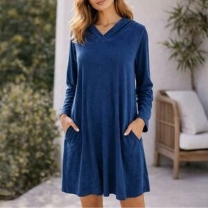 J Jill Pure Jill Indigo Hooded Tunic Dress Size L Blue Lyocell Blend Coastal